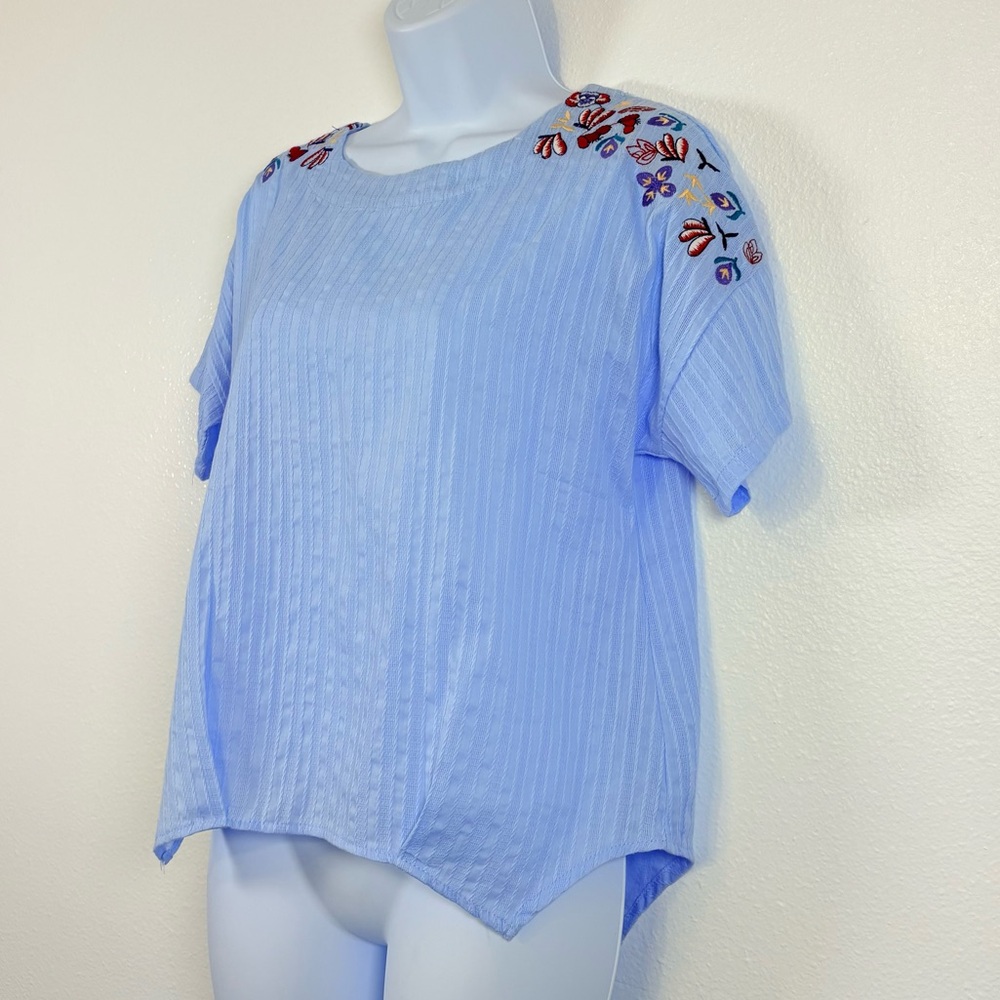 Embroidered Flower Shoulder Top Blue Ribbed Short Sleeve Boho Blouse Soft Girl - Picture 2 of 9